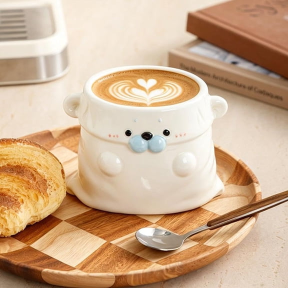Cute 3D Seal Ceramic Coffee Mug Large Capacity Hand Warmer No Handle Latte Cup Smooth Round Rim Hot Cold Drink Cup Adorable Tabletop Decor Gift for Women Home Office Daily Use