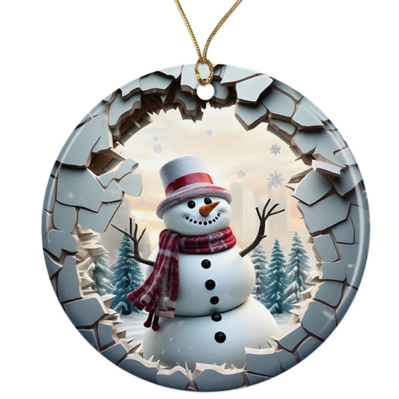 Cute 3D Snowman Ceramic Ornament - Breakthrough 3D Effect Burst Illusion Kids Ornament - 3 Inch Christmas Tree Round Ornament - Xmas Holiday Decor - String Included - ORNW0101