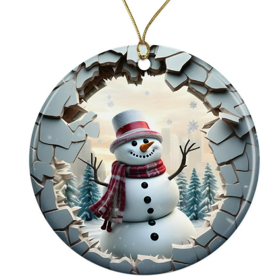 Cute 3D Snowman Ceramic Ornament - Breakthrough 3D Effect Burst Illusion Kids Ornament - 3 Inch Christmas Tree Round Ornament - Xmas Holiday Decor - String Included - ORNW0101