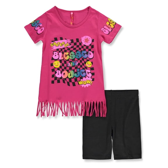 Cute 4 U Girls' 2-Piece Checker Bike Shorts Set Outfit Color: fuchsia Size: 7 - 8
