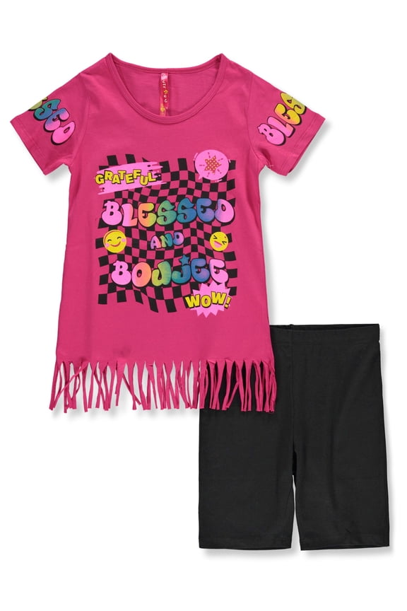Girls' 2-Piece Checker Bike Shorts Set Outfit Color: fuchsia Size: 7 - 8