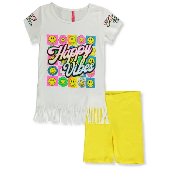 Cute 4 U Girls' 2-Piece Happy Vibes Bike Shorts Set Outfit Color: white Size: 5 - 6