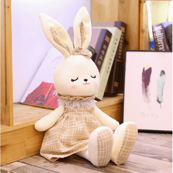 Cute 45cm White Rabbit Stuffed Animal, Soft Bunny Plush Toy in Khaki Plaid Dress with Lace Collar, Cuddly Sleeping Rabbit Doll, Perfect Gift for Kids, Girls, Birthday, Easter, Nursery Decor