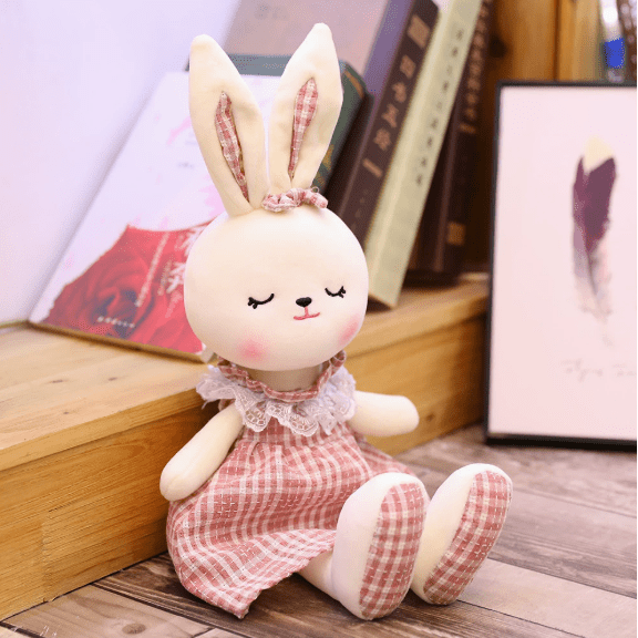 Cute 45cm White Rabbit Stuffed Animal, Soft Bunny Plush Toy in Pink Plaid Dress with Lace Collar, Cuddly Sleeping Rabbit Doll, Perfect Gift for Kids, Girls, Birthday, Easter, Nursery Decor