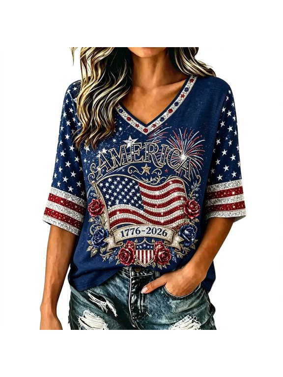 Cute 4Th of July Tshirts Shirts for Women Elegant Casual Graphic Flutter Sleeve With Stylish Crew Neck for Everyday Wear Tees