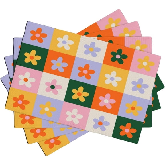 Cute 60S 70S Retro Bohemia Floral Placemats, Daisy Flower Bohemian Style Table Mats, Tabletop Dining Room Kitchen Decoration 18" L x 12" W *4 PCS