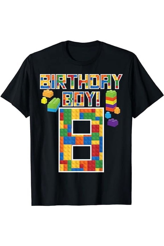 Cute 8th Birthday Gift 8 Years Old Block Building Boys Kids T-Shirt