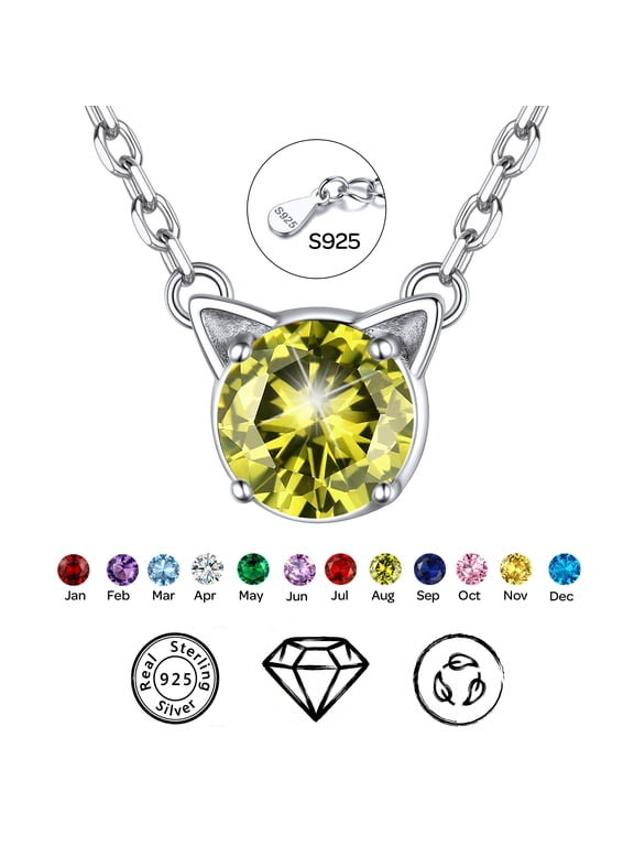 925 Sterling Silver Birthstone Cat Necklace for Women, Cat Lover Jewelry Hypoallergenic Silver Choker Pendant Birthday Anniversary Christmas Valentines Gift for Wife Girlfriend