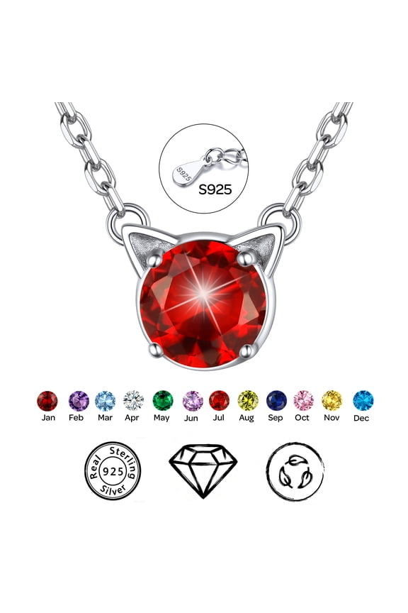 925 Sterling Silver Birthstone Cat Necklace for Women, Cat Lover Jewelry Hypoallergenic Silver Choker Pendant Birthday Anniversary Christmas Valentines Gift for Wife Girlfriend