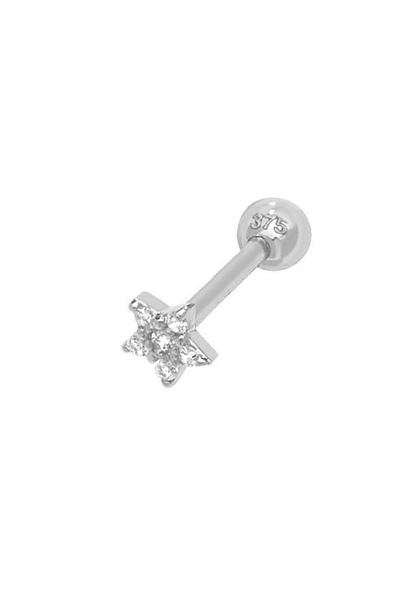Cute 9k White Gold Women Star Long Post Single Cartilage Stud Earring with Cubic Zirconia/CZ - 4mm*4mm