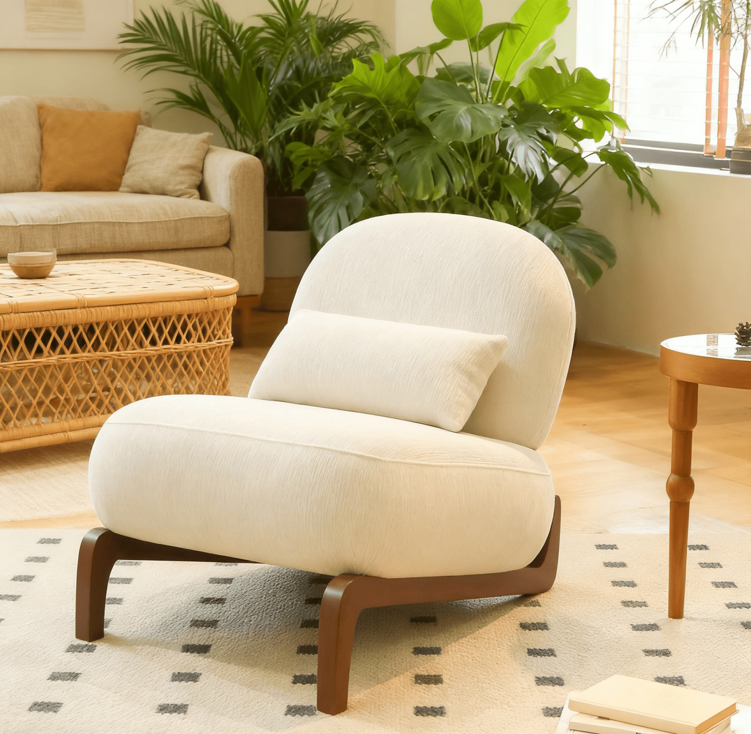 Cute Accent Chair with Solid Wood Legs, Living Room Chair with Soft Fabric Cushion, Cozy Bedroom Chair, Comfy Armless Reading Chair for Apartment, Waiting Room, Balcony (White)