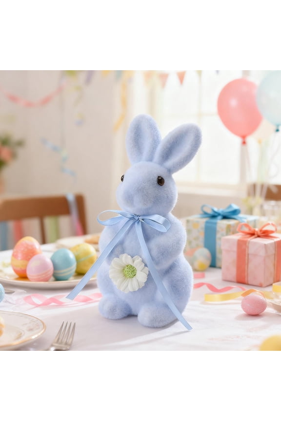 Easter Moss Bunny Decoration Flocked Artificial Rabbit with Bow tie & Daisy Flower Statue Standing Rabbit Tabletop Ornament for Home Table Garden, Easter Party Favors Rabbit Ornament