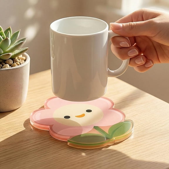 Cute Acrylic Coaster Set, Smiley Flower Design Drink Coasters for Coffee Table, Heat Resistant and Insulated for Home Office Desk Protection