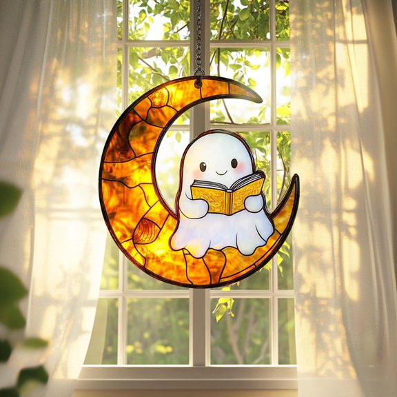 Cute Acrylic Ghost Window Decorations with Moon and Books, Halloween Home Decorations, Spooky Glowing Window Hangings for Home Decoration