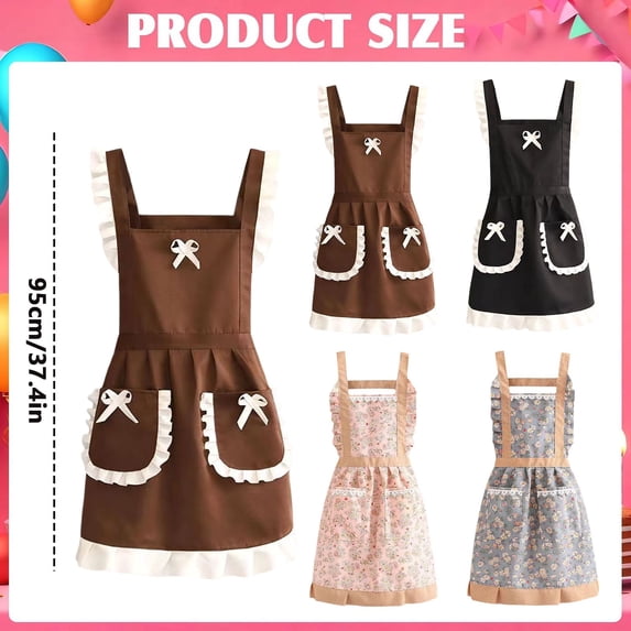 Cute Adjustable Apron with Pockets - Ruffled Bowknot Kitchen Cooking and Baking Apron - Brown