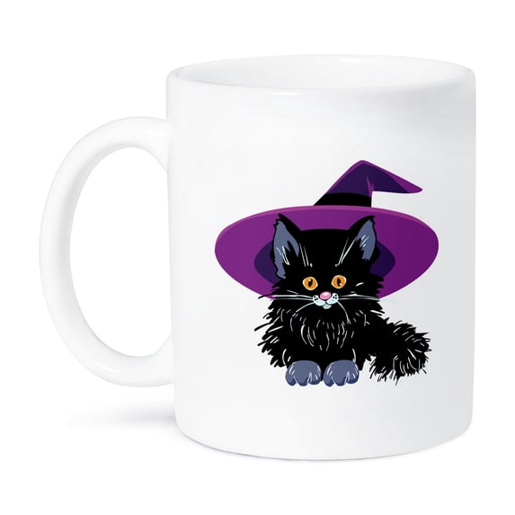 3dRose, Cute Adorable Baby Black Kitten Kitty Cat Wearing Purple Witch Hat For Halloween Spooks, 15oz Mug