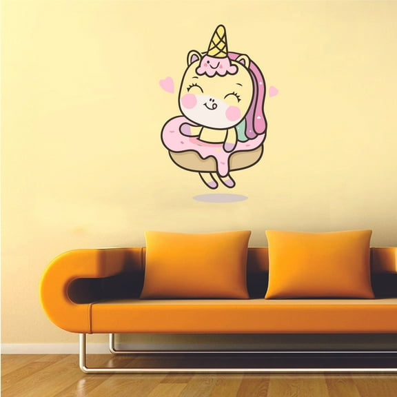 Cute Adorable Happy Silly Girly Unicorn Sitting White Donut Cartoon Character Wall Art Decal Vinyl Sticker Girls Room Bedroom Nursery Kindergarten House Home Decor Removable Peel and Stick 10x8 inch