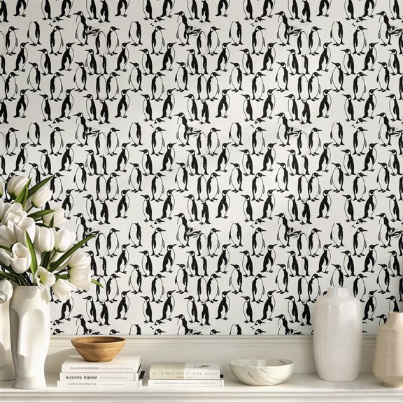 Cute Adorable Penguin Pattern Quirky Minimalist Aesthetic Stick Wallpaper, Funny Wall Art Wall Decor Art Print Home Decoration for Bedroom Living Room Dorm Room Apartment Wall Decal