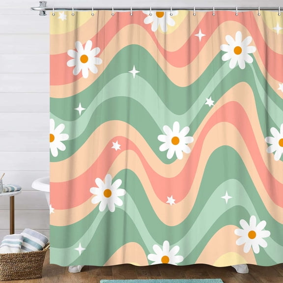 Cute Aesthetic 70S Boho Floral Shower Curtain, Retro Daisy Flower Aesthetic Vintage Wavy Swirl Pink Green Shower Curtain, Colorful Boho Groovy Teen Girls Bathroom Accessories Curtains,72X84IN