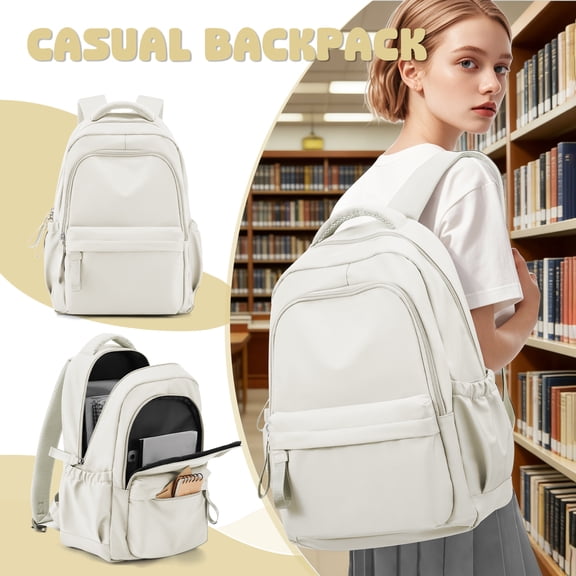 Cute Aesthetic Backpacks for College with USB Charge, Simple School Backpack for Teen High School Students, Medium Waterproof School Bag for Women Men with Pockets Casual Daypack Bookbag Beige