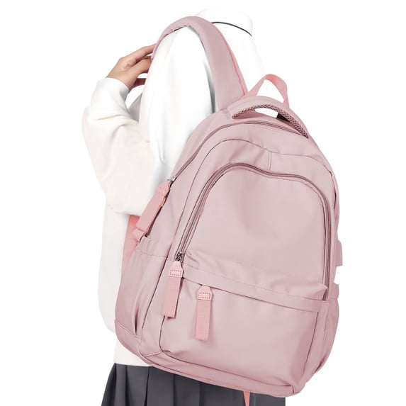 Cute Aesthetic Backpacks for College with USB Charge, Simple School Backpack for Teen High School Students, Medium Waterproof School Bag for Women Men with Pockets Casual Daypack Bookbag Pink