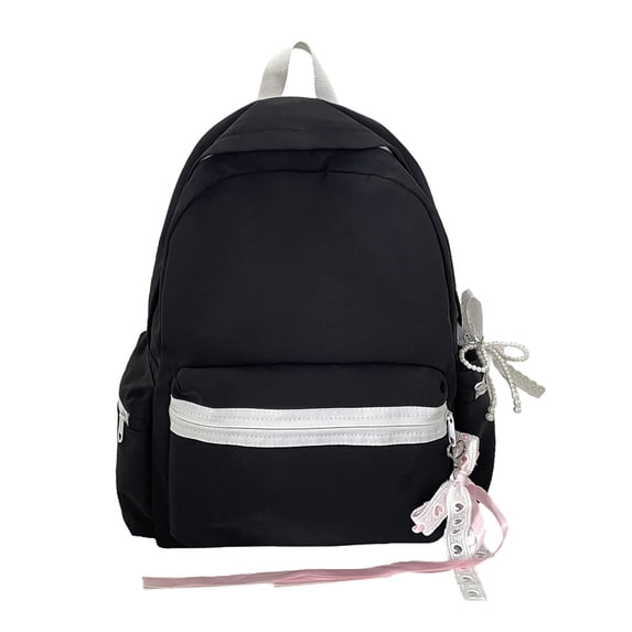 Cute Aesthetic School Backpack, Solid Color Backpack with Zippered Side Pocket, Waterproof Bookbag for Middle School College (Black)
