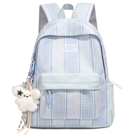 Cute Aesthetic School Backpack, Spacious Backpack with Pendant, Lightweight Breathable Bookbag for Middle School College (Blue)