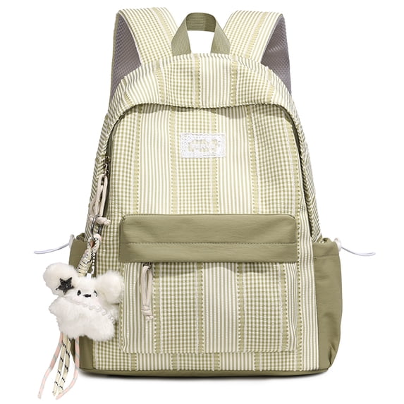 Cute Aesthetic School Backpack, Spacious Backpack with Pendant, Lightweight Breathable Bookbag for Middle School College (Green)