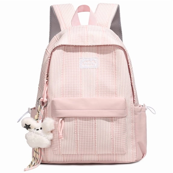 Cute Aesthetic School Backpack, Spacious Backpack with Pendant, Lightweight Breathable Bookbag for Middle School College (Pink)