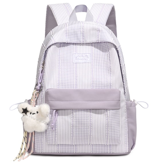 Cute Aesthetic School Backpack, Spacious Backpack with Pendant, Lightweight Breathable Bookbag for Middle School College (Purple)