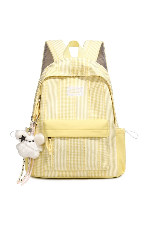 Cute Aesthetic School Backpack, Spacious Backpack with Pendant, Lightweight Breathable Bookbag for Middle School College (Yellow)