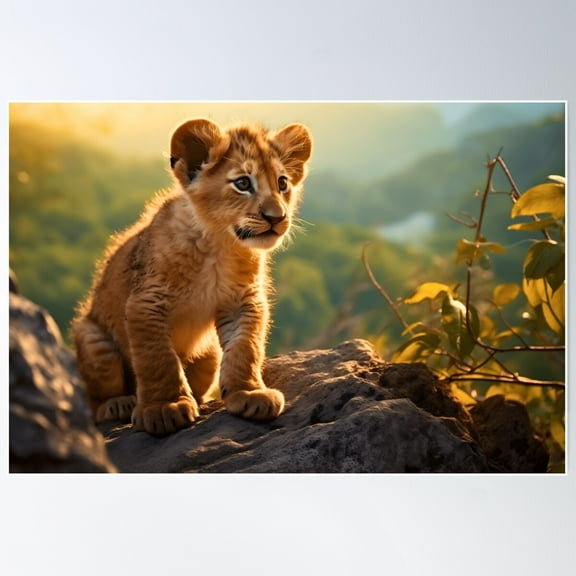 Cute African Baby Lion Cub, Little Wild Cat Predator Animal In Tropical Savanna Wildlife Nature Poster Wall Art, Modern Wall Decor For Living Room Bedroom, 24x36 UNFRAMED
