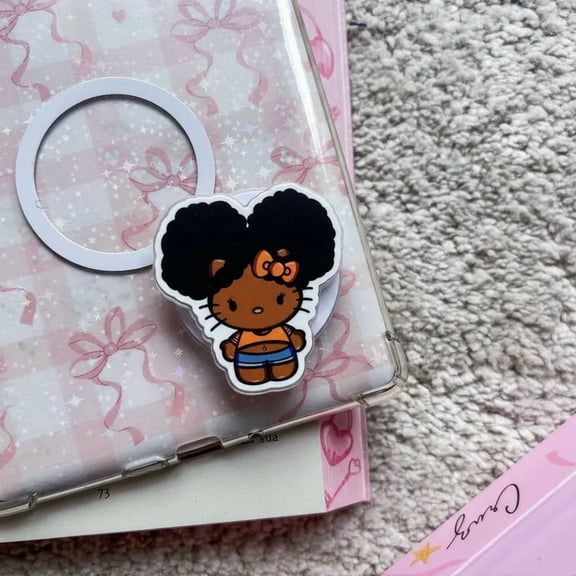 Cute Afro Cartoon Kitty Phone Grip, Melanin Girl Magic Phone Stand, Brown Skin Cat Character Grip