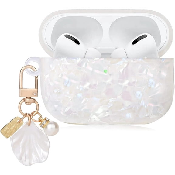 Cute AirPod Pro 2 Case with Shell Pearl Keychain Bling Marble Design for Women and Girls
