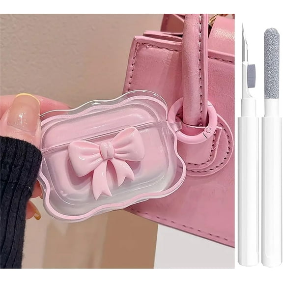 Cute AirPods Pro 2/1 Gen Case Clear, Girly 3D Bow Design Soft TPU Protective Shockproof Kawaii Apple iPod Pro 2nd/1st Generation Cover with Cleaner Pen & Keychain Girls Women 2023/2022/2019 - Pink