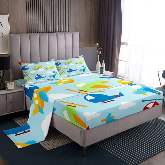 Cute Aircraft Bed Sheets Set Twin,Airplane Kawaii Sheet Set Helicopter Airliner Sheets Blue Sky White Clouds Flat Fitted Sheet