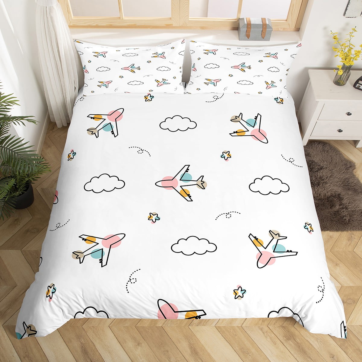 Cute Aircraft Duvet Cover Airplane Bedding Set Queen,Helicopter