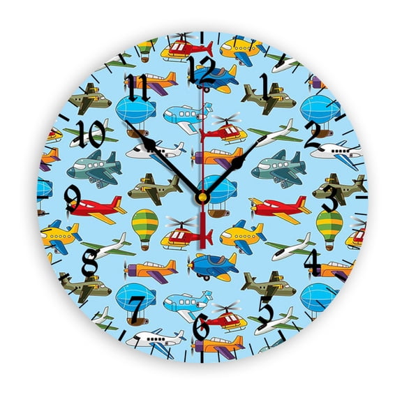 Cute Airplane Helicopter Wall Clock, Battery Operated, PVC Round Silent Non-Ticking Clock with Clear Numbers for Living Room, Kitchen, Bedroom, Office, School Decor 12inch-30cm