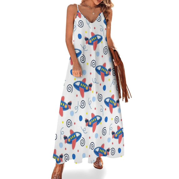 Cute Airplane Pattern Sleeveless Suspender Dress Summer Fashion Casual Long Dress