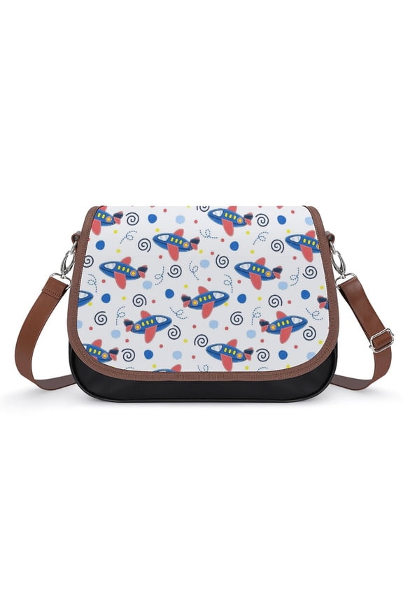 Cute Airplane Pattern Vintage Crossbody Bag for Women Medium Leather Hobo Bags Shoulder Bag Classic City Leather Satchels