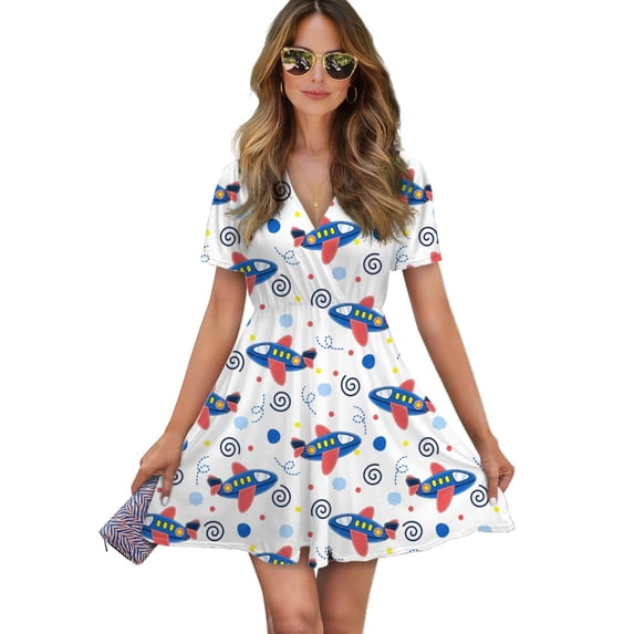 Cute Airplane Pattern Women Dress V-Neck Short Sleeve Flowy Swing Party Midi Dress