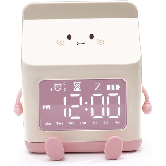 Cute Alarm Clock Milk Box Alarm Clocks for Kids with Digital LED Display, Countdown Timer, 3 Alarms, Snooze, Countdown Timer, Fun & Silent Bedroom Clock for Kids, Boys & Girls