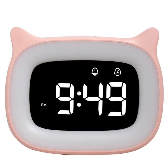 Cute Alarm Clock with Night Light for Kids Teens Girls Boys Toddler Bedrooms Bedside Changing 18 Ringtones Dual Alarms 12/24 Hour Energy-Saving Mode pink
