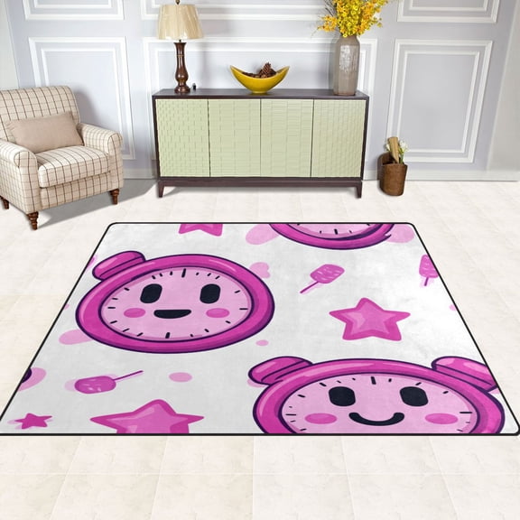 Cute Alarm Clock Pattern 63''x48'' Plush Memory Foam Bath Mat, Soft, Absorbent, Non Slip, Durable