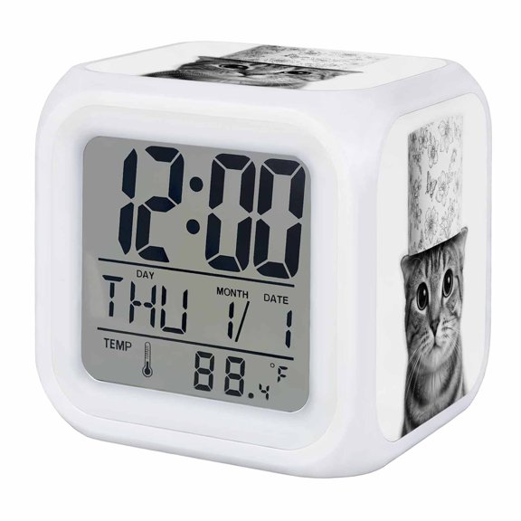 Cute Alarm Clock, Vintage Funny Black White Cute Cat with Toilet Paper on Head Digital Clock Night Light with 7 Color, Calendar Temperature Display, LED Desk Small Clock for Bedrooms Living Room