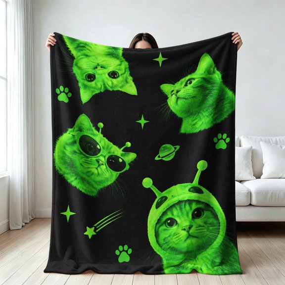 Cute Alien Cat blanket for cat lovers,Soft Flannel Throw Blanket, Festive Gifts, gift for Birthday, Christmas, Halloween, Holiday, Cat Lovers Party, Four Seasons Universal, Home Decor Gifts