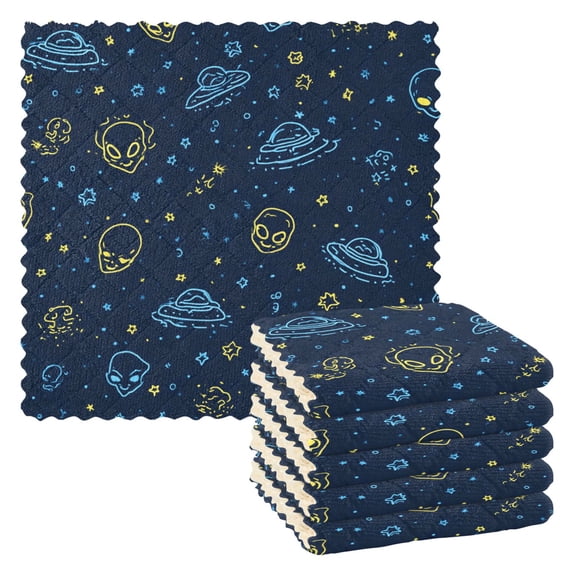 Cute Alien Face Kitchen Cloth Dish Towels for Drying Washing Absorbent Dish Rags Reusable soft kitchen dishcloth set 6 Pack