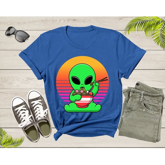 Cute Alien Mascot Eating Japanese Ramen Noodle Retro Sunset T-Shirt UFO Alien Lover Gift Shirt for Men Women Kids Boys Girls Graphic TShirt