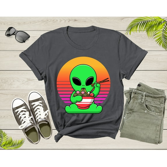 Cute Alien Mascot Eating Japanese Ramen Noodle Retro Sunset T-Shirt UFO Alien Lover Gift Shirt for Men Women Kids Boys Girls Graphic TShirt