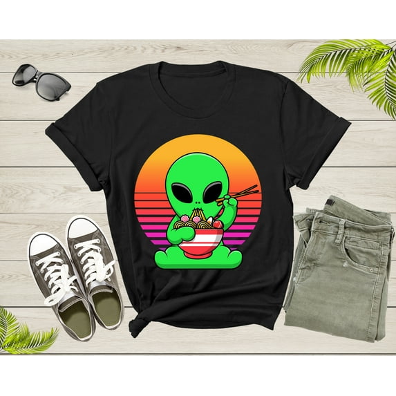 Cute Alien Mascot Eating Japanese Ramen Noodle Retro Sunset T-Shirt UFO Alien Lover Gift Shirt for Men Women Kids Boys Girls Graphic TShirt
